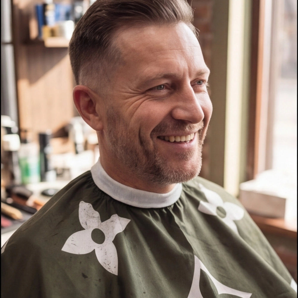 Man with a stylish haircut wearing a barber cape in a salon setting.