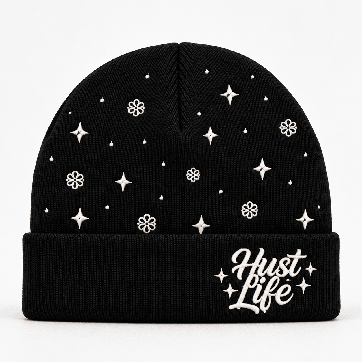 HustLife - Black Embroidered Knit Beanie - HUST LIFE