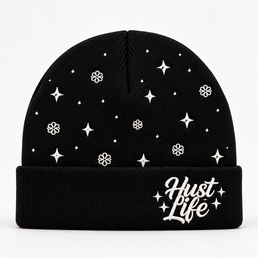 HustLife - Black Embroidered Knit Beanie - HUST LIFE