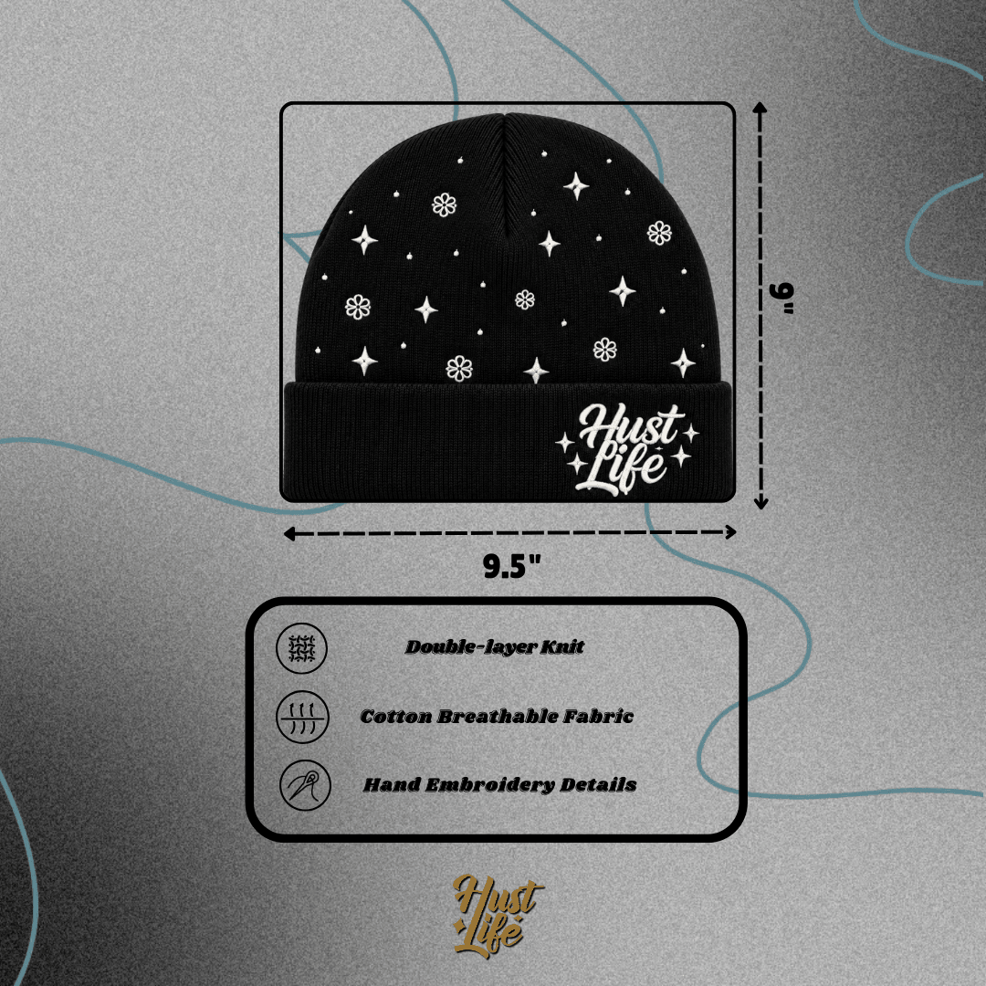 HustLife - Black Embroidered Knit Beanie - HUST LIFE