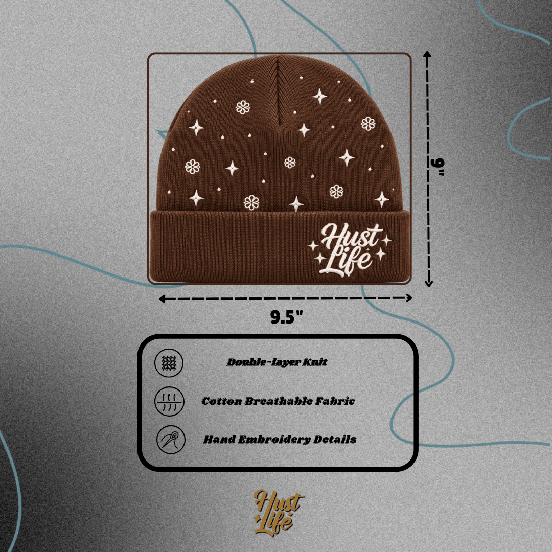 HustLife - Brown Embroidered Knit Beanie - HUST LIFE