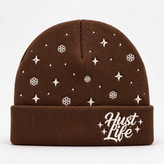 HustLife - Brown Embroidered Knit Beanie - HUST LIFE